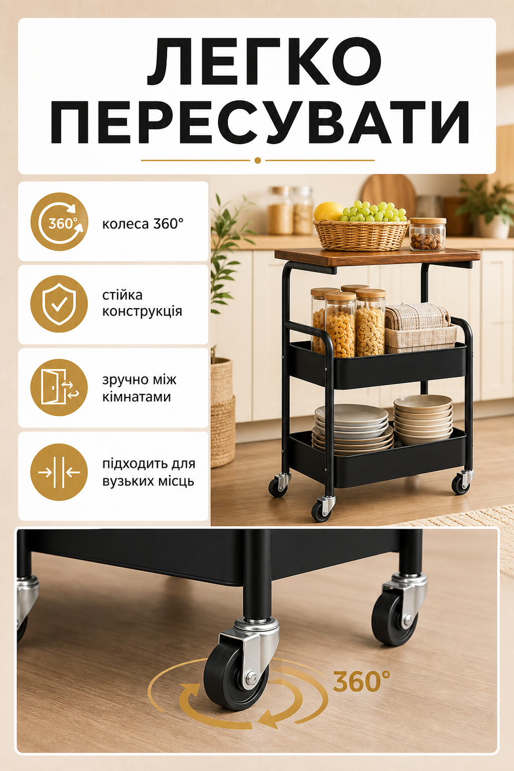 Мобільна етажерка з колесами 360 градусів
